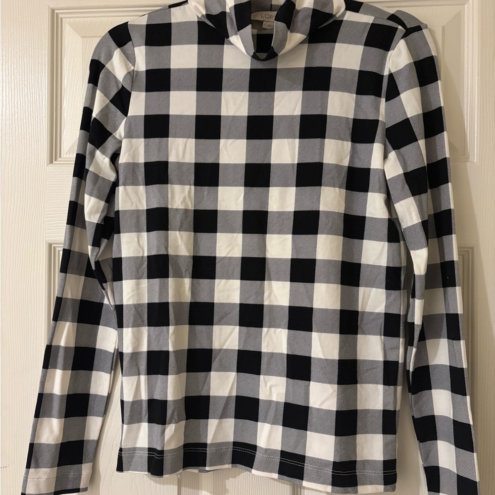 LOFT Monochrome Plaid Long Sleeve Turtleneck Blouse Small NWT